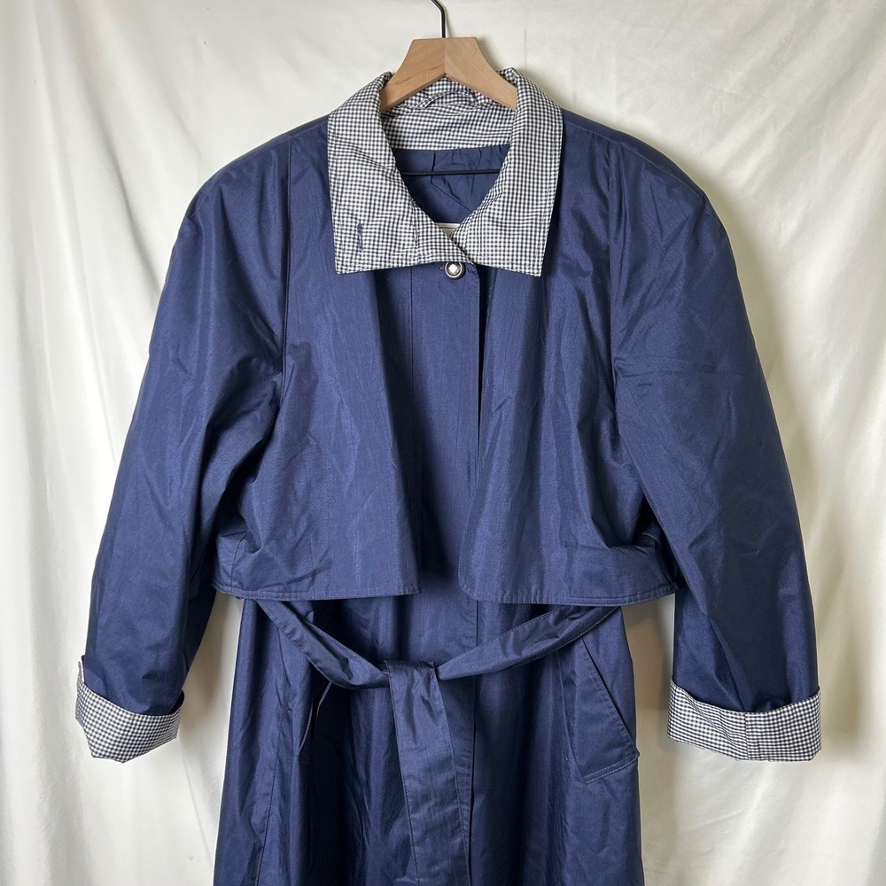 British Mist Womens Vintage Trench Coat Navy Blue Size 16 Gingham Trim Belted - Picture 2 of 10
